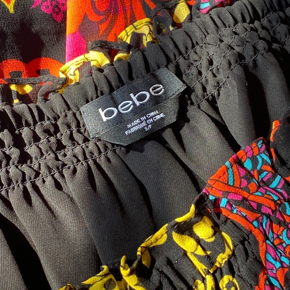 BEBE Bohemian Off the Shoulder Mini Dress Black Floral Size Small - Picture 6 of 8